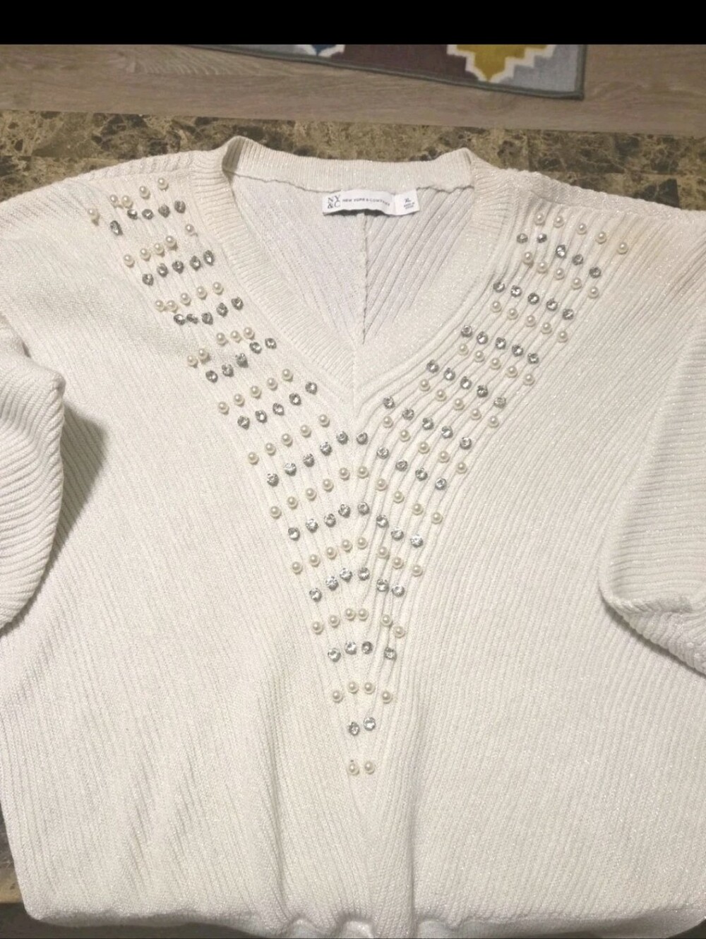 New York & Co. Women's Cream V-Neck Embellished Sweater